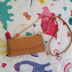 tan faux leather handle zip clutch shoulder coin mini purse